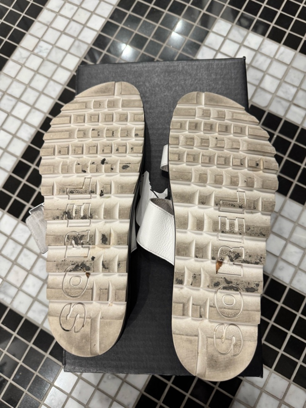 Womens Black & White Leather Slide Sandals with Buckle - Picture 5 of 5